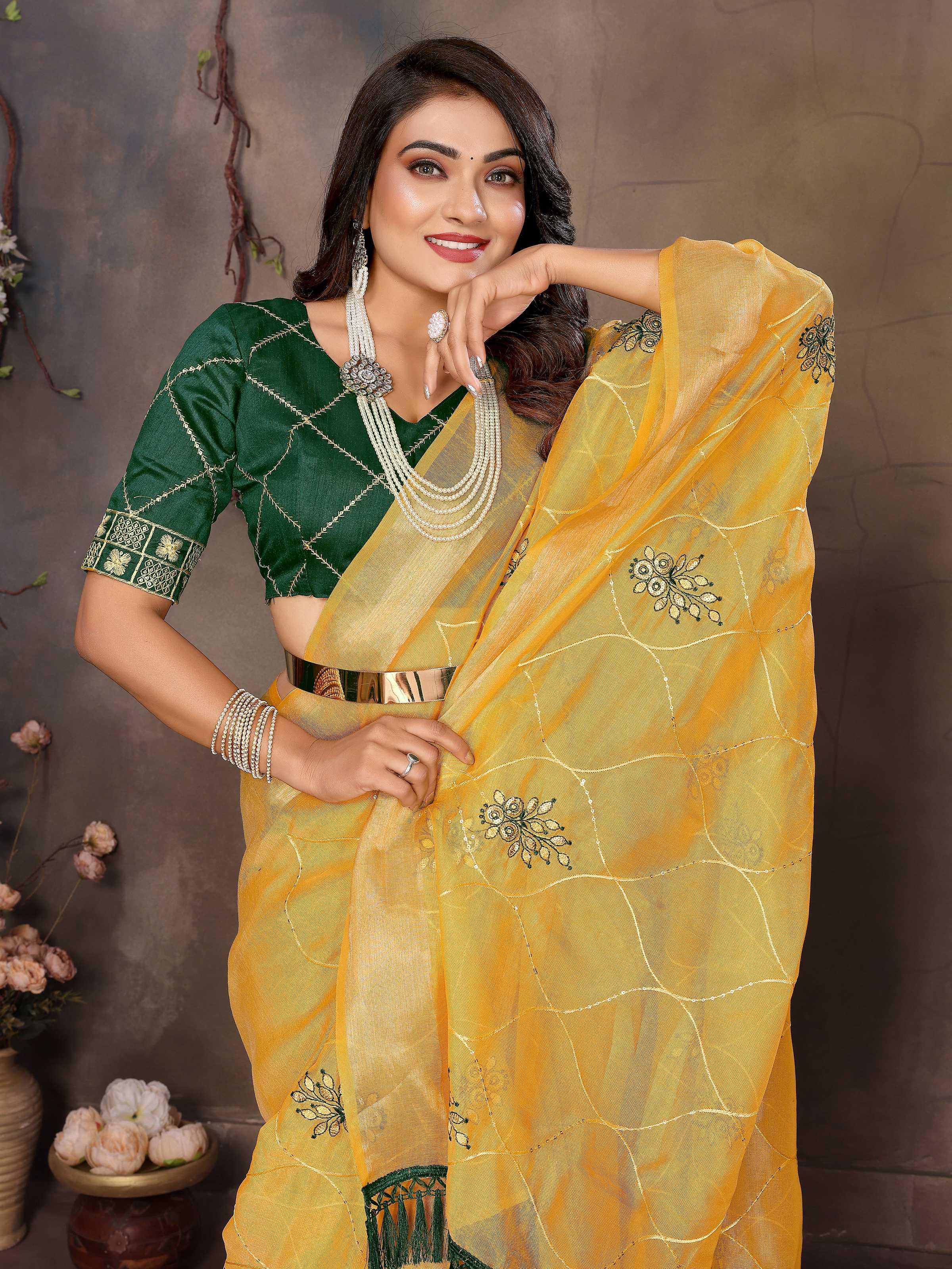Vedant Vastram Chiffon Net Embroidery work Bollywood Fancy Saree - Mustard