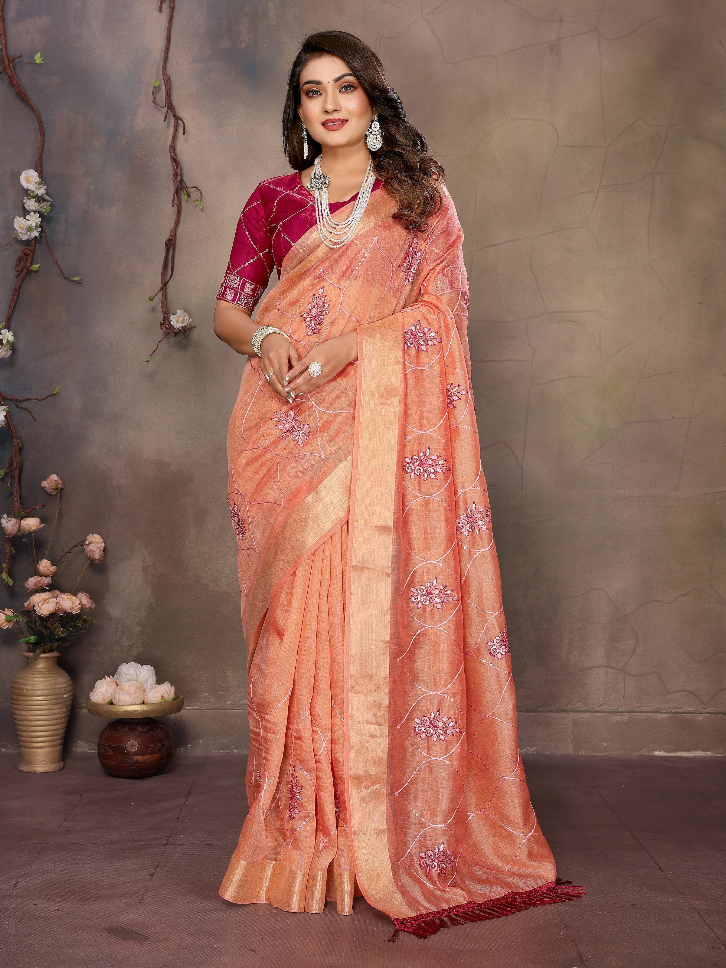 Vedant Vastram Chiffon Net Embroidery work Bollywood Fancy Saree - Orange