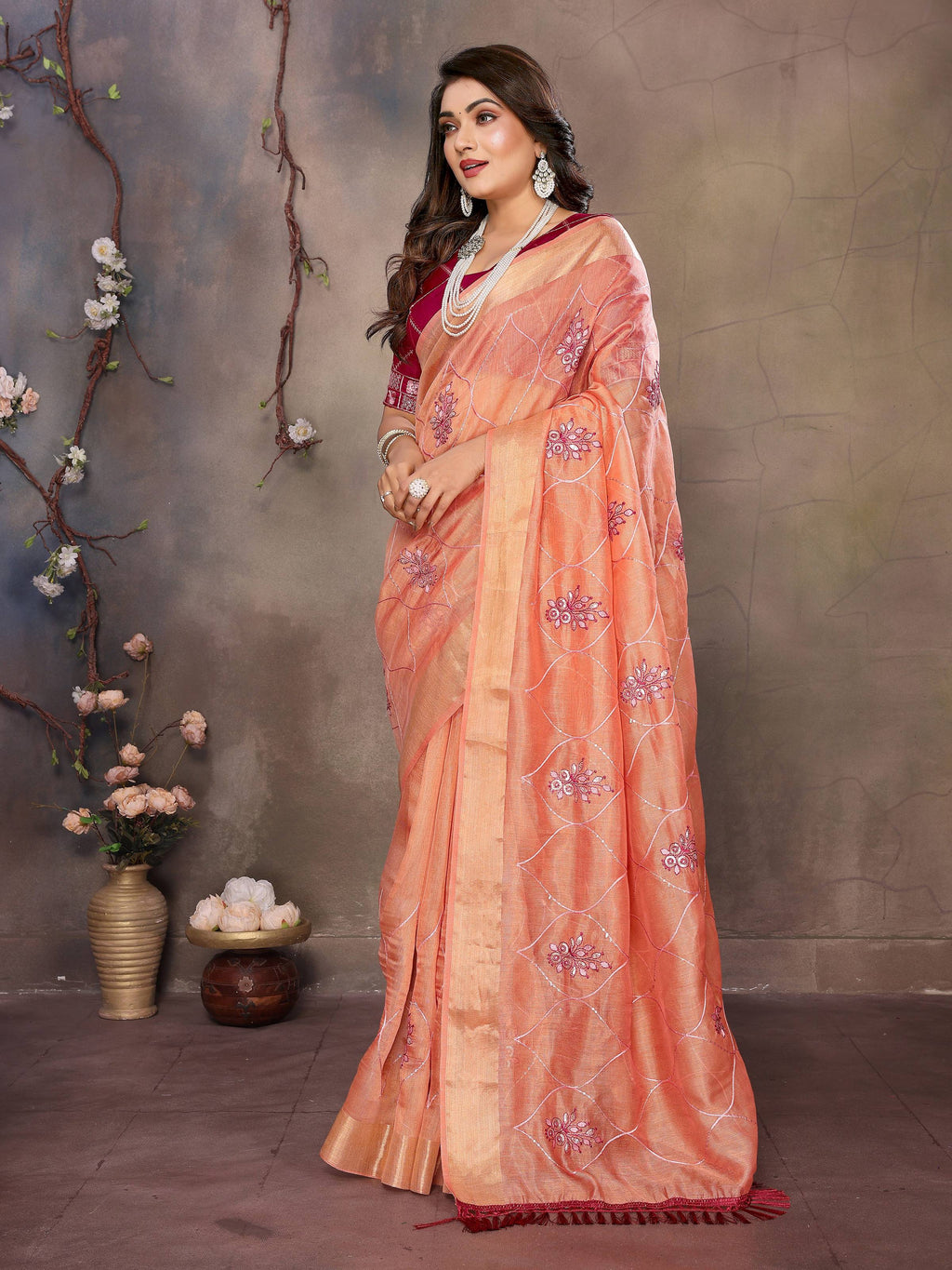 Vedant Vastram Chiffon Net Embroidery work Bollywood Fancy Saree - Orange