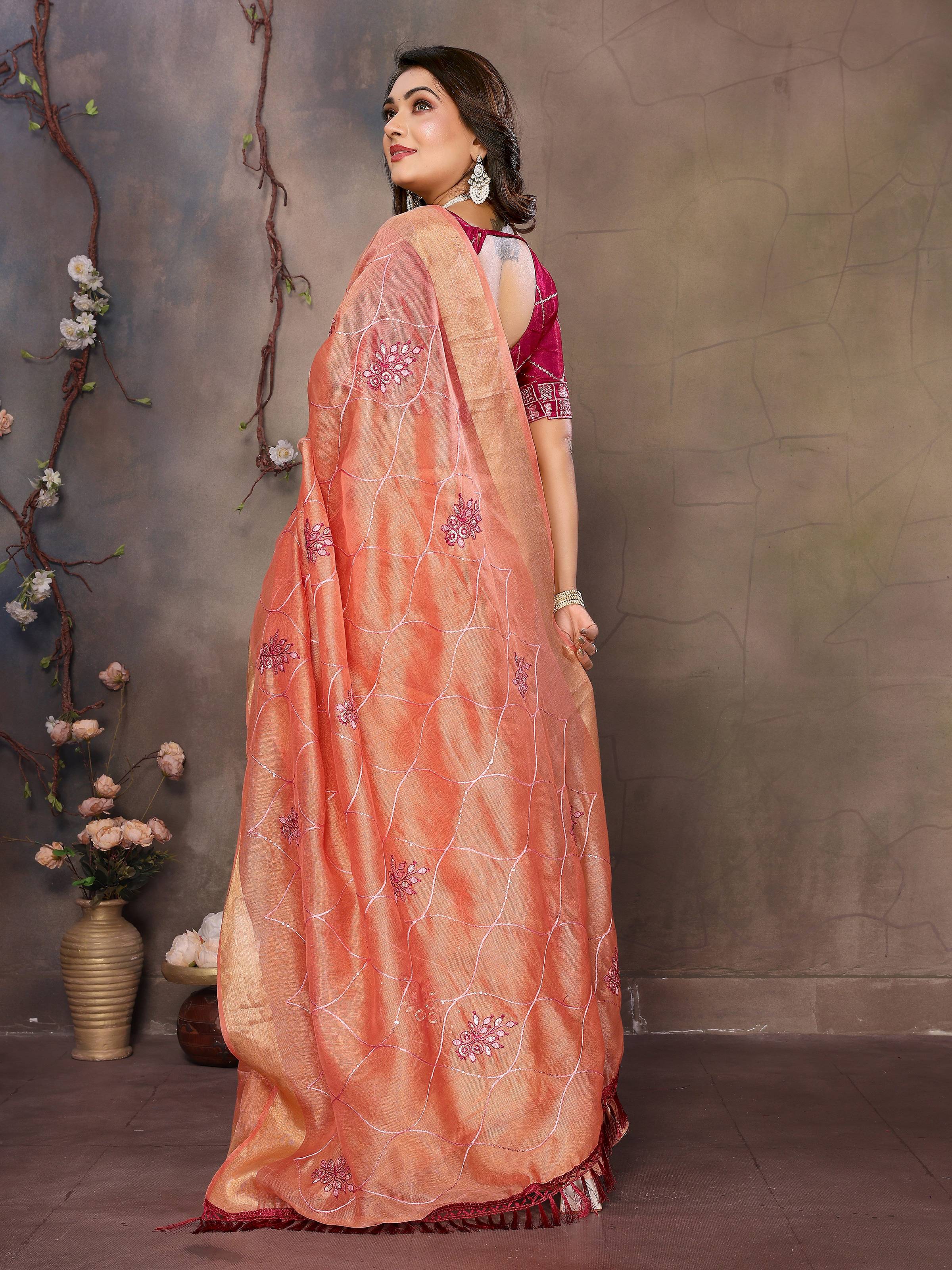 Vedant Vastram Chiffon Net Embroidery work Bollywood Fancy Saree - Orange