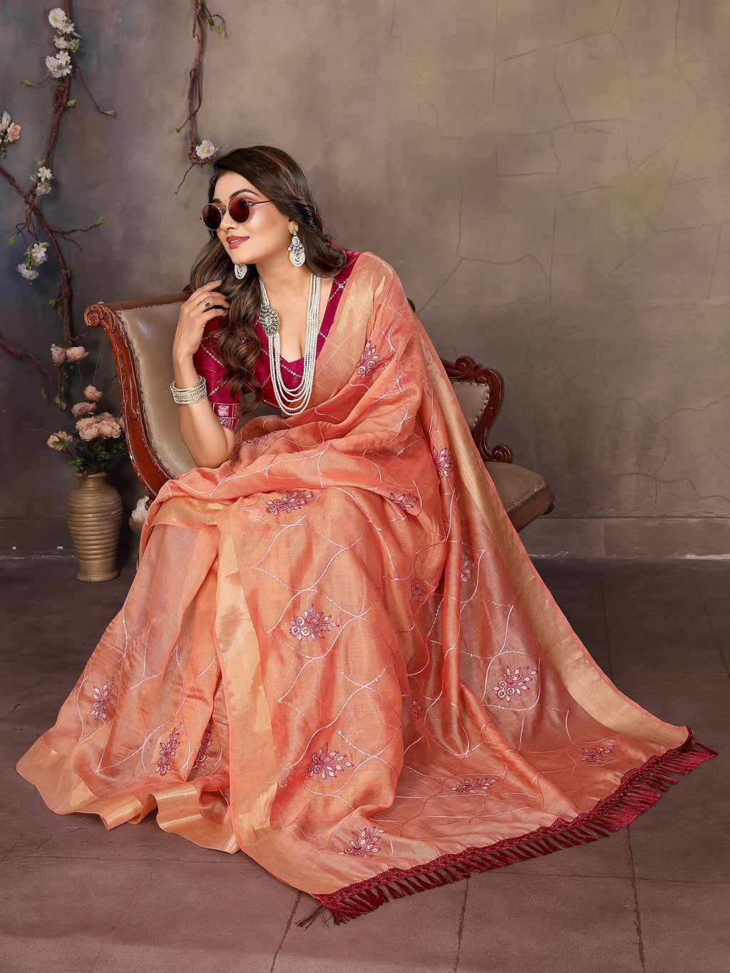 Vedant Vastram Chiffon Net Embroidery work Bollywood Fancy Saree - Orange