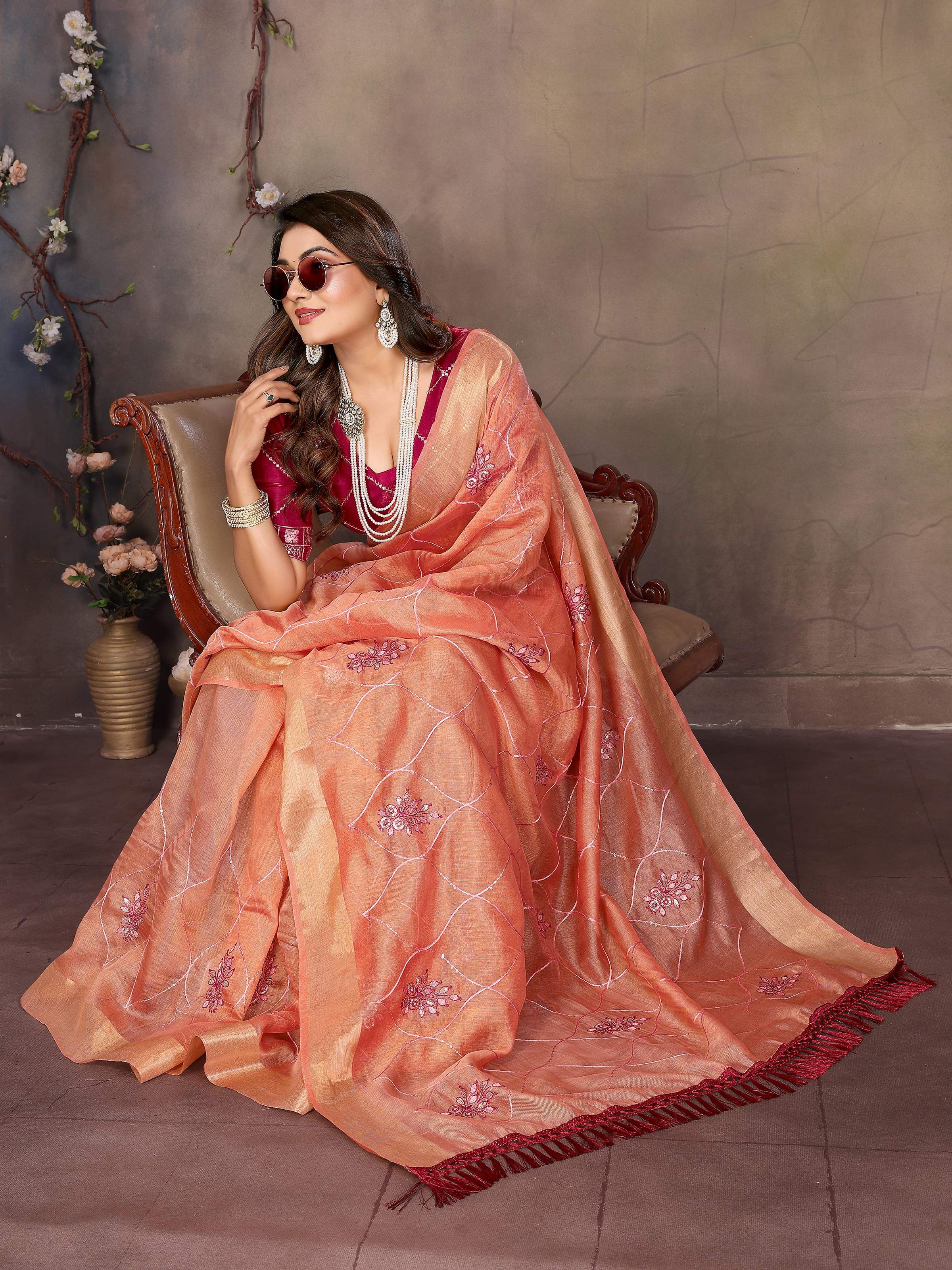 Vedant Vastram Chiffon Net Embroidery work Bollywood Fancy Saree - Orange