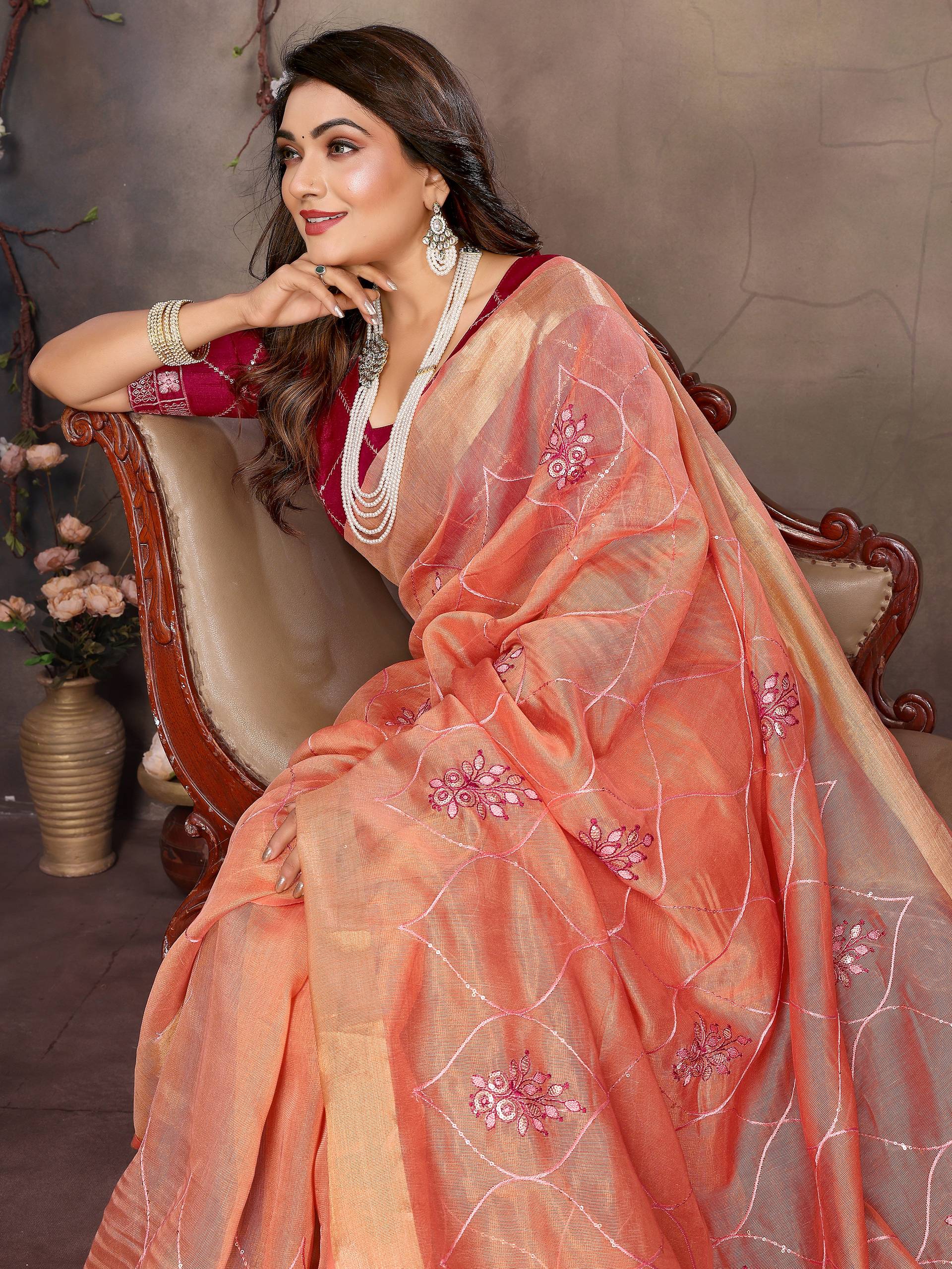Vedant Vastram Chiffon Net Embroidery work Bollywood Fancy Saree - Orange