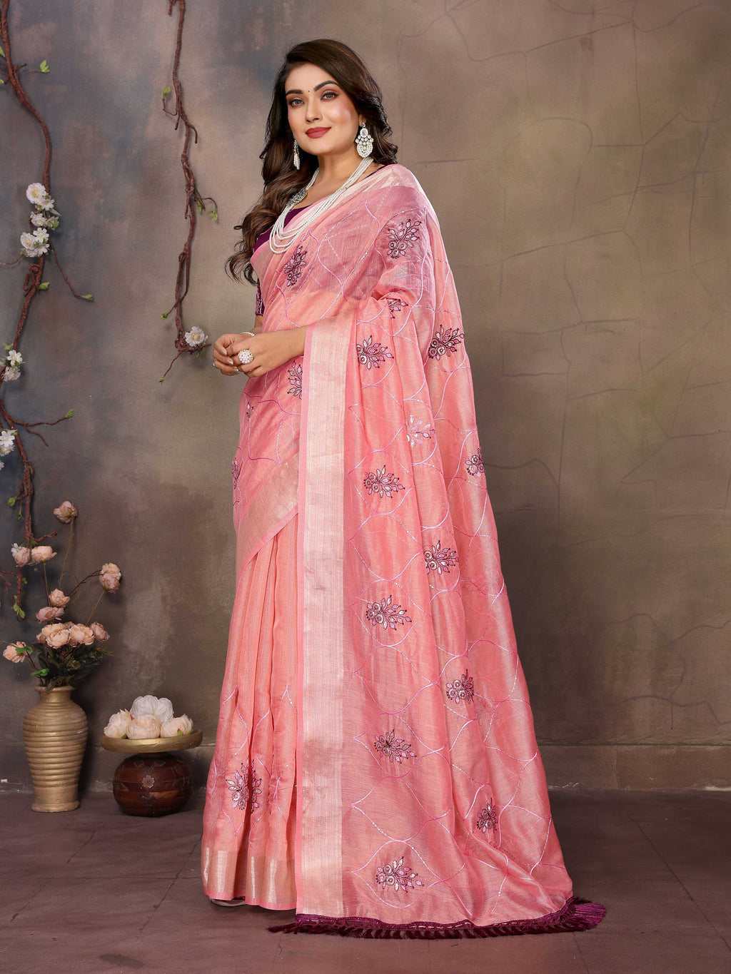 Vedant Vastram Chiffon Net Embroidery work Bollywood Fancy Saree - Peach