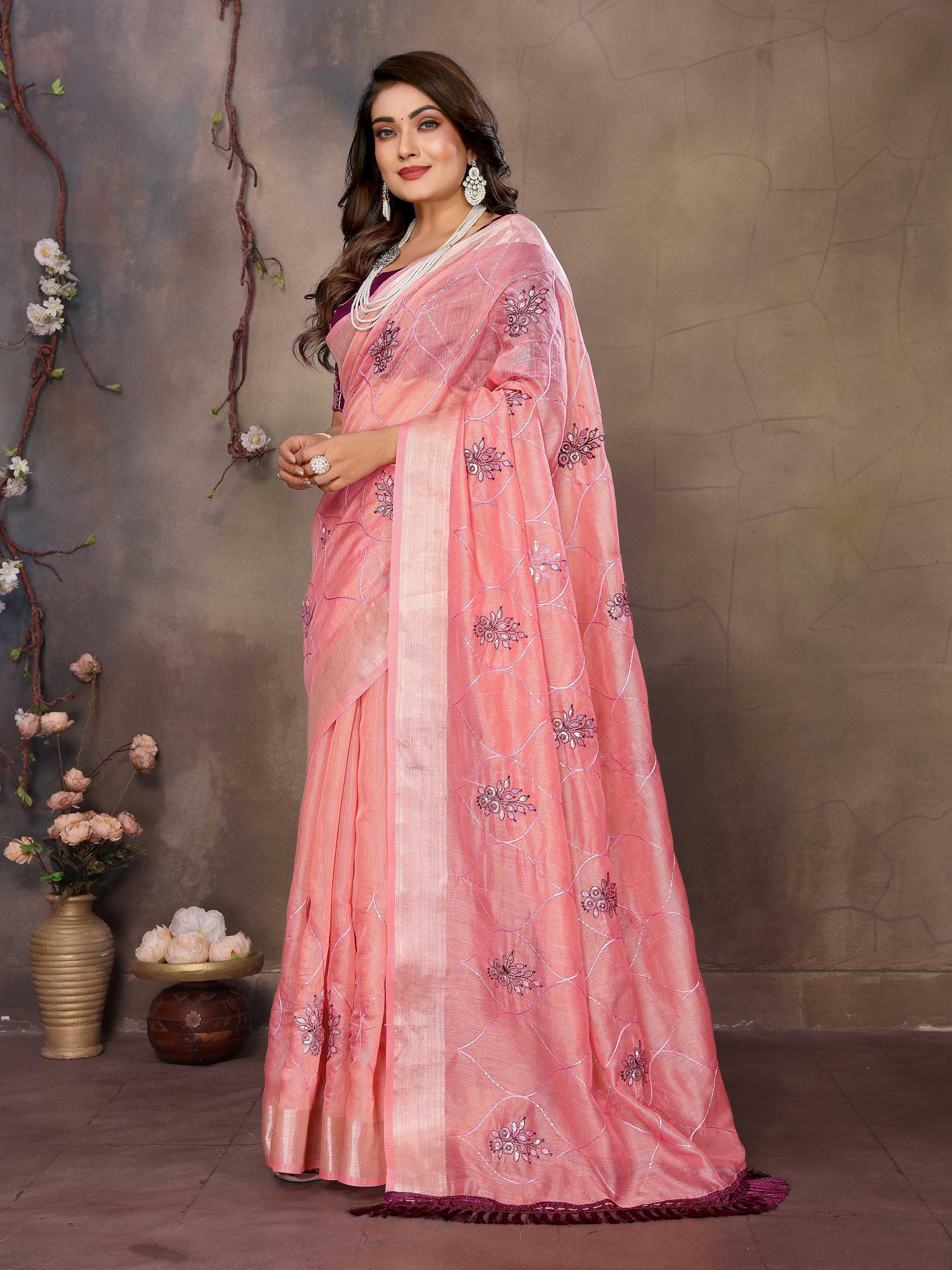 Vedant Vastram Chiffon Net Embroidery work Bollywood Fancy Saree - Peach