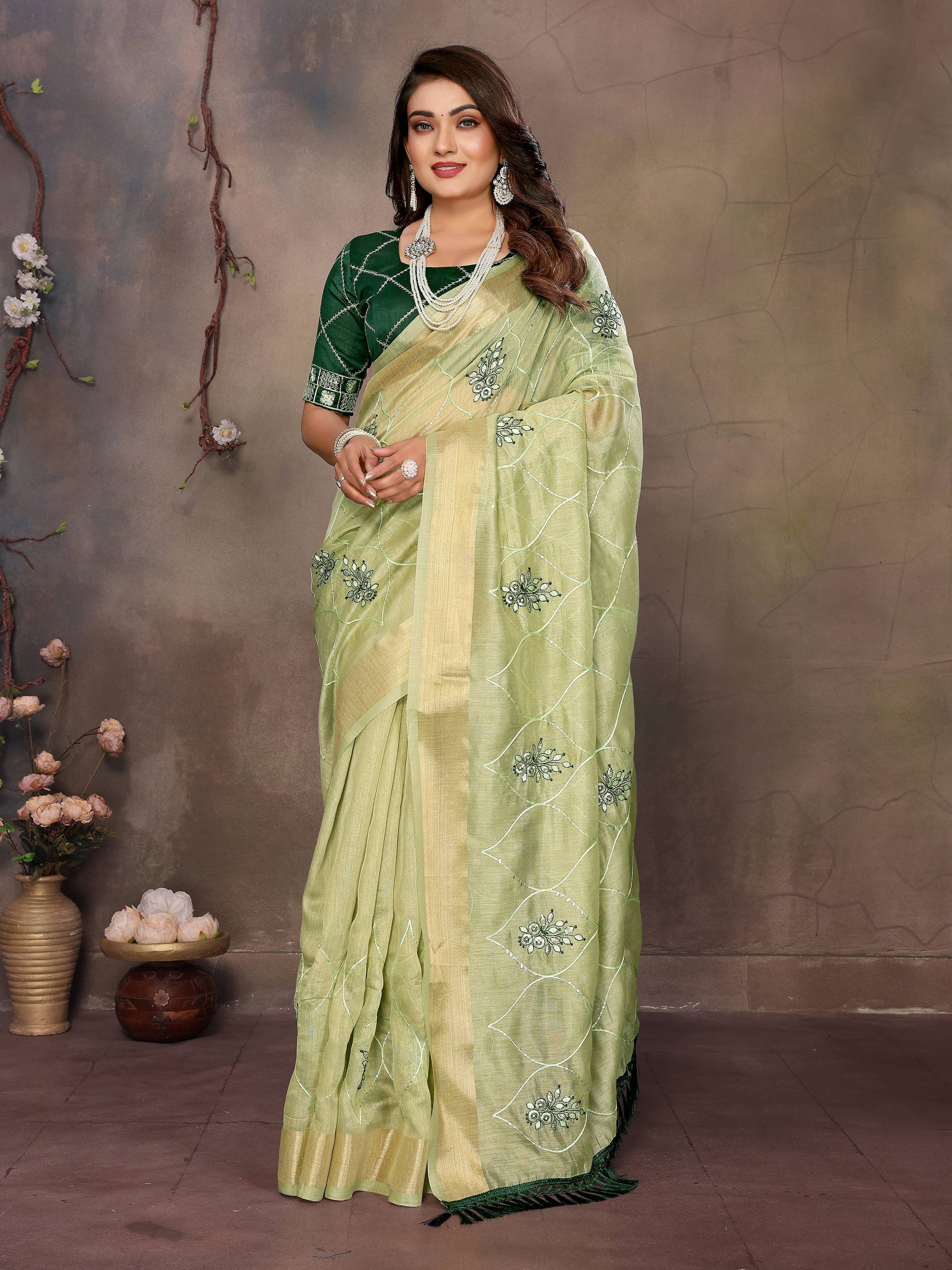 Vedant Vastram Chiffon Net Embroidery work Bollywood Fancy Saree - Pista