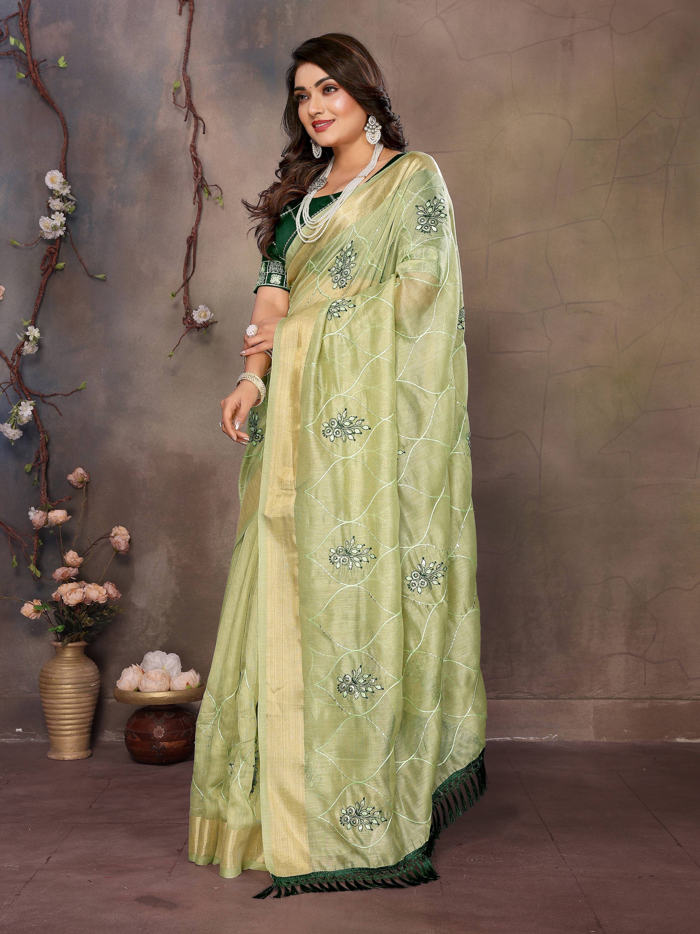 Vedant Vastram Chiffon Net Embroidery work Bollywood Fancy Saree - Pista