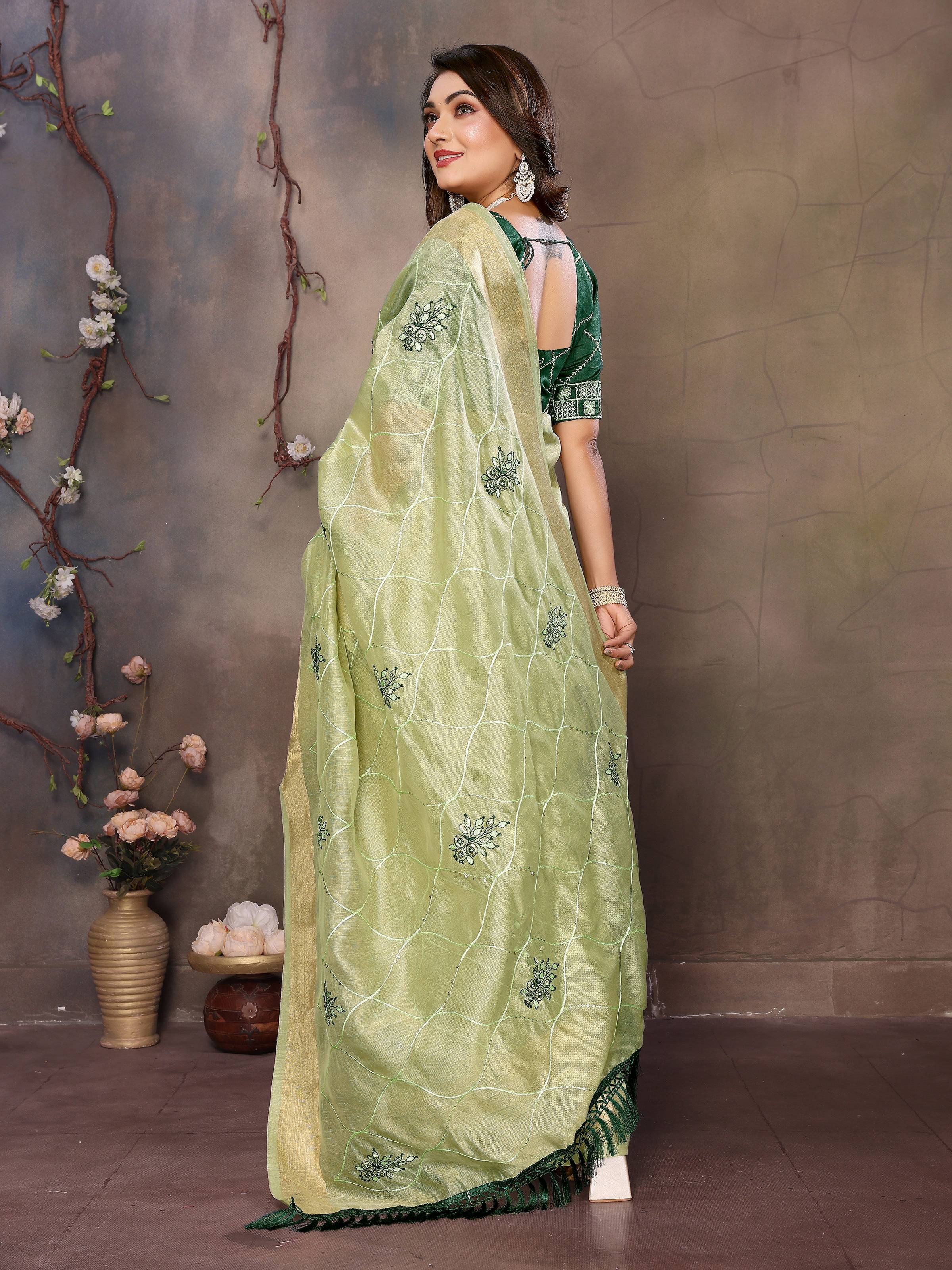 Vedant Vastram Chiffon Net Embroidery work Bollywood Fancy Saree - Pista