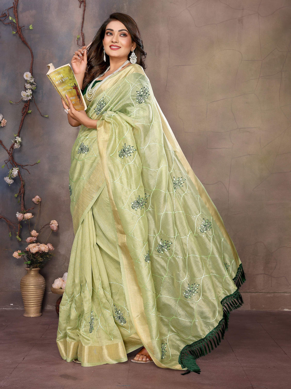Vedant Vastram Chiffon Net Embroidery work Bollywood Fancy Saree - Pista