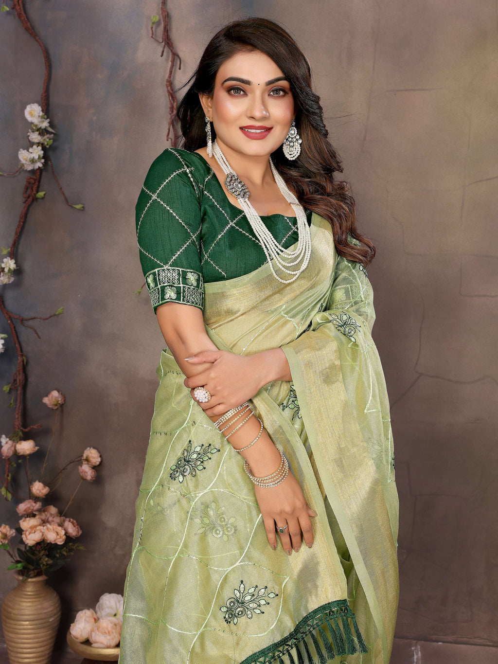Vedant Vastram Chiffon Net Embroidery work Bollywood Fancy Saree - Pista