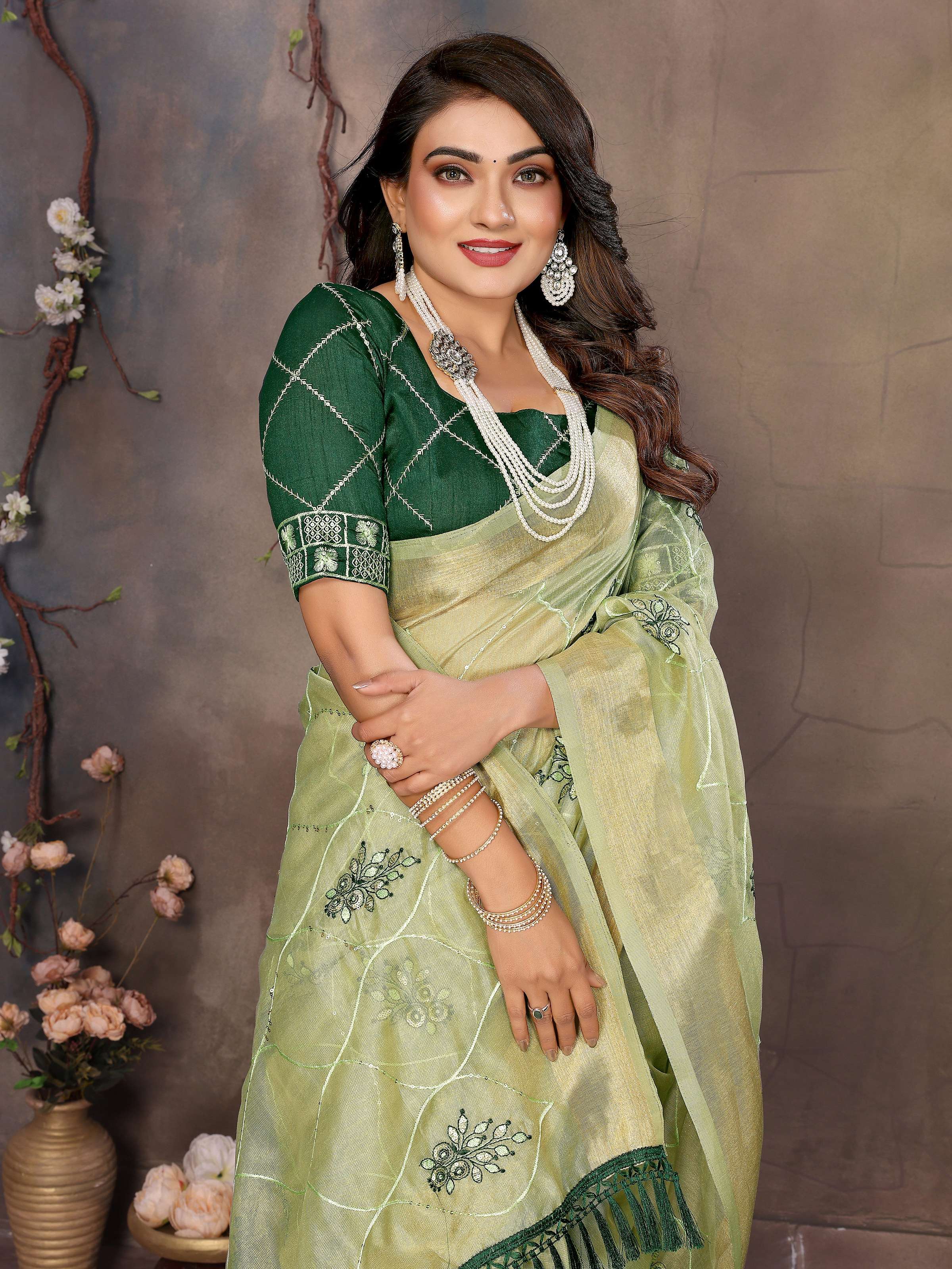 Vedant Vastram Chiffon Net Embroidery work Bollywood Fancy Saree - Pista