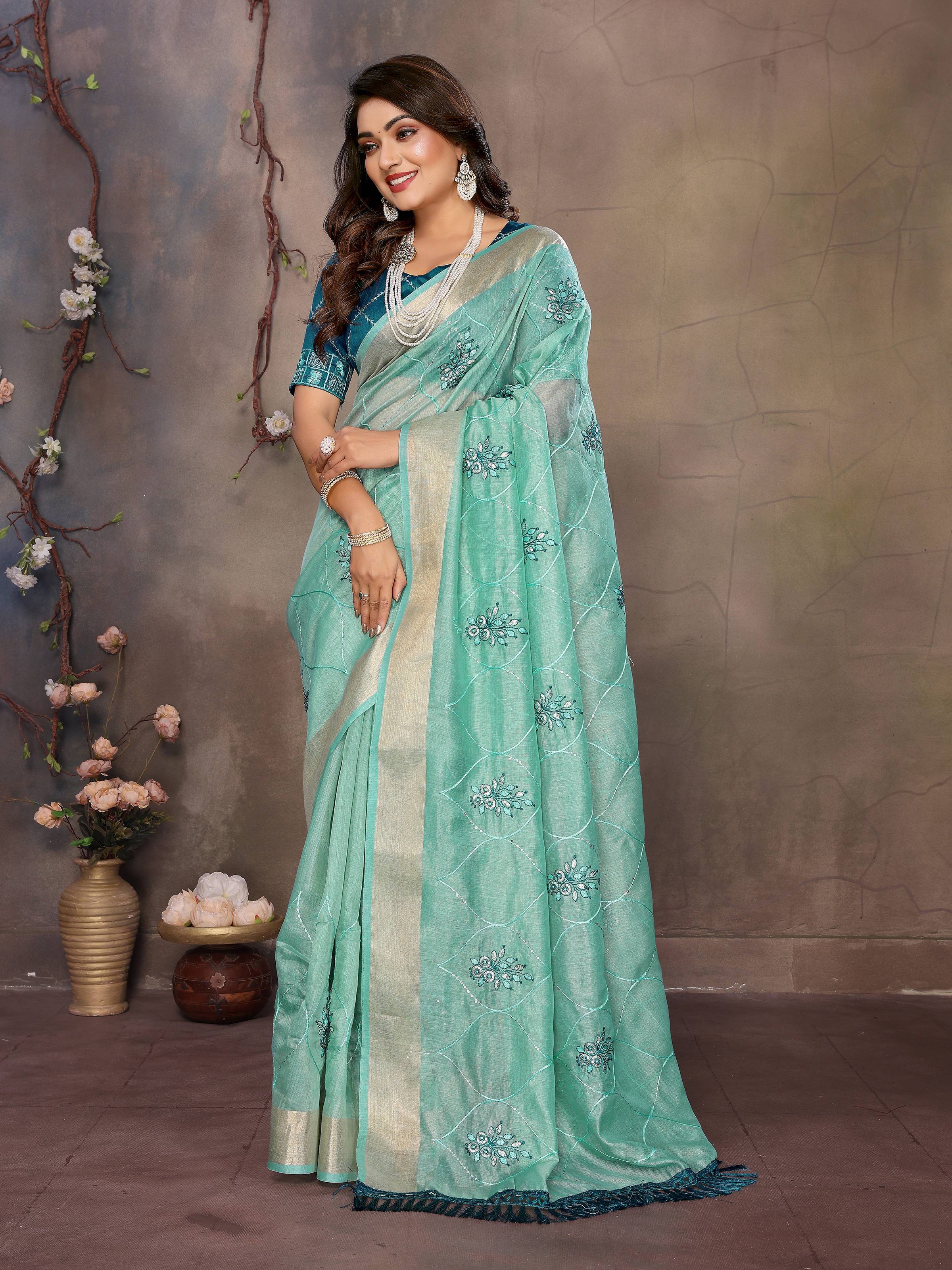 Vedant Vastram Chiffon Net Embroidery work Bollywood Fancy Saree - Turquoise