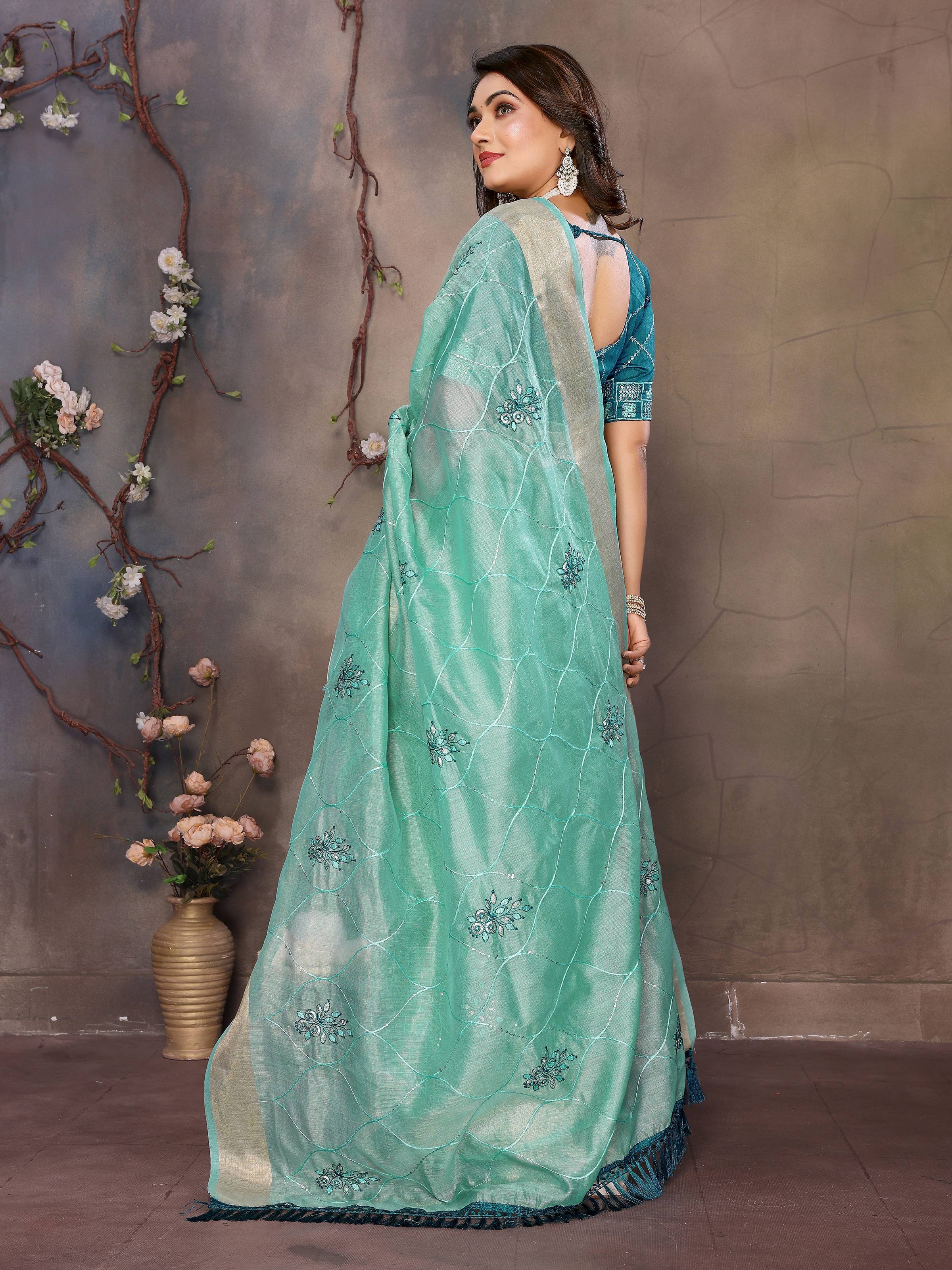 Vedant Vastram Chiffon Net Embroidery work Bollywood Fancy Saree - Turquoise