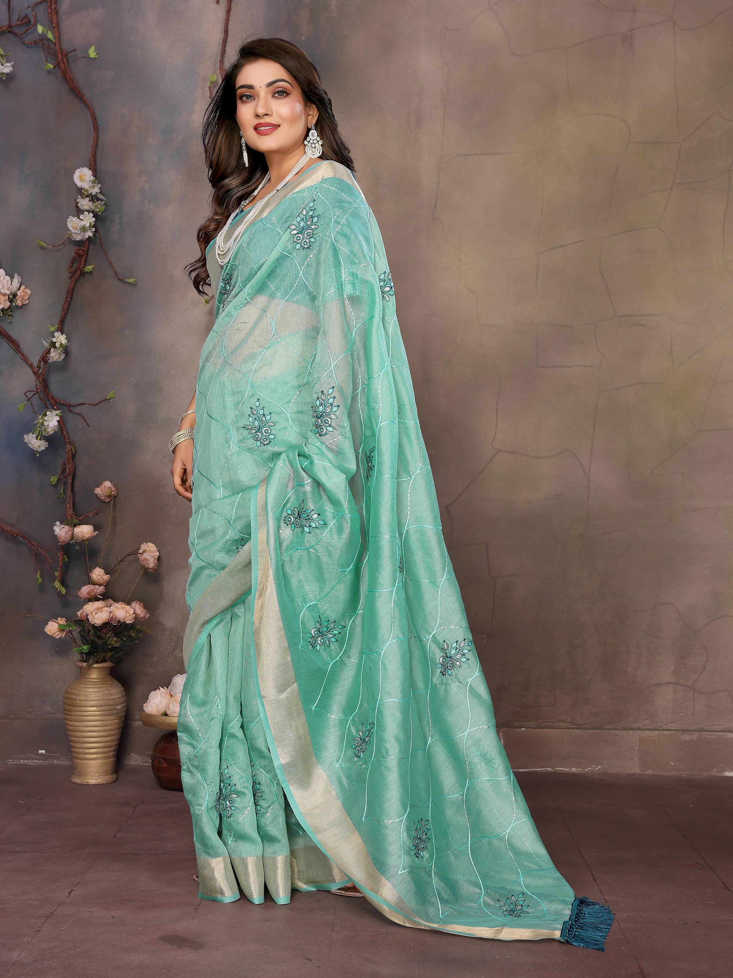 Vedant Vastram Chiffon Net Embroidery work Bollywood Fancy Saree - Turquoise
