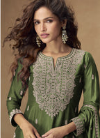 Vegaa Fashion Green Chinon Silk Embroidered Palazzo Suit