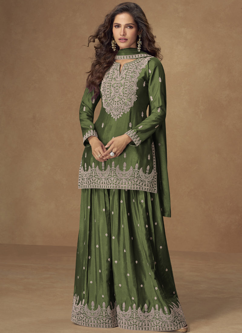 Vegaa Fashion Green Chinon Silk Embroidered Palazzo Suit
