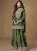 Vegaa Fashion Green Chinon Silk Embroidered Palazzo Suit