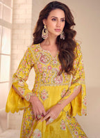 Vegaa Fashion Yellow Shimmer Silk Embroidered Designer Palazzo Suit
