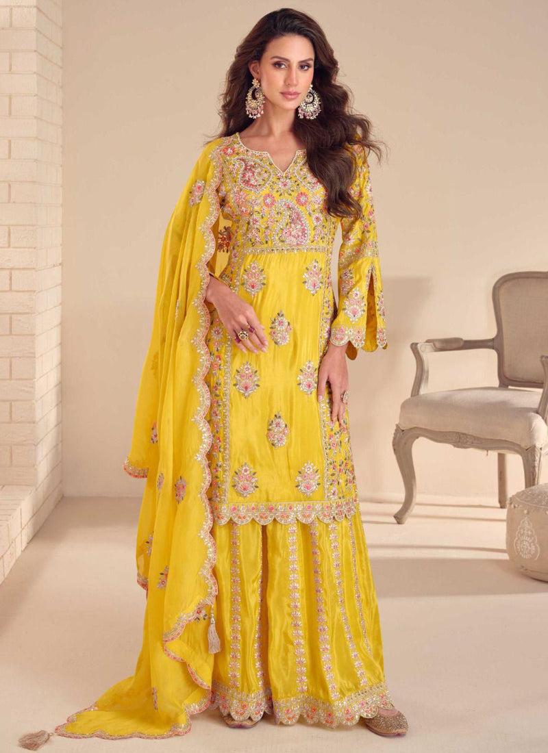Vegaa Fashion Yellow Shimmer Silk Embroidered Designer Palazzo Suit