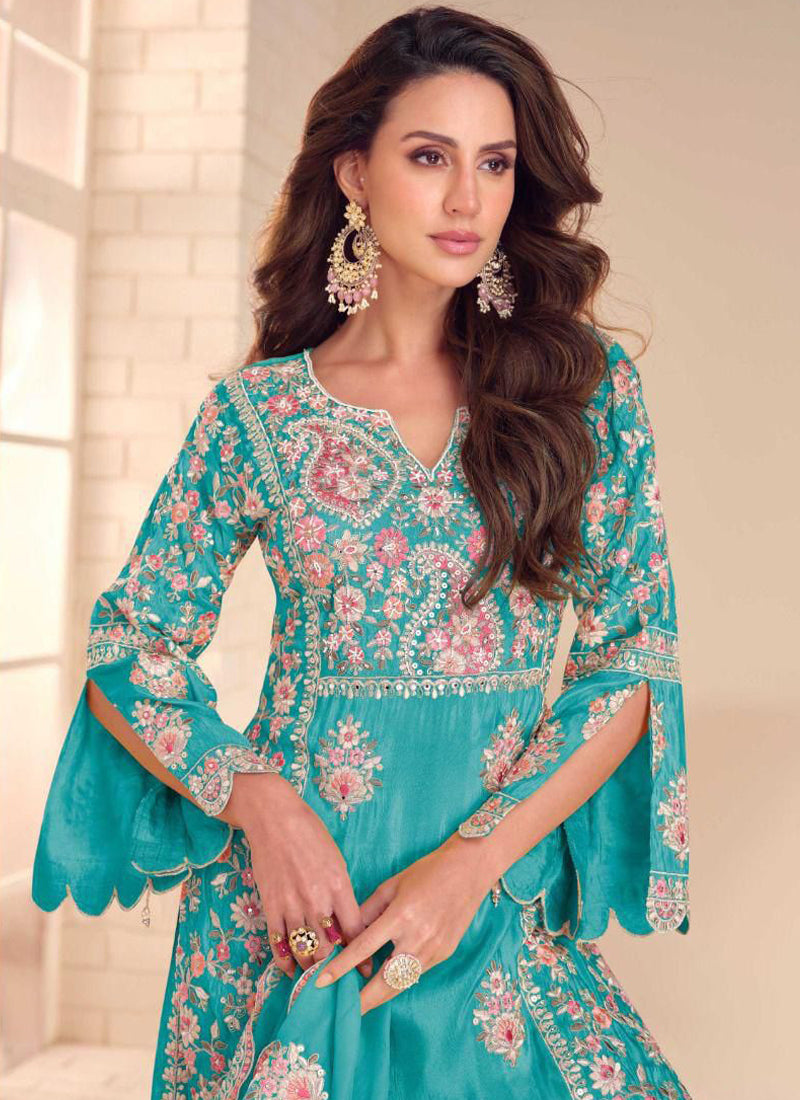 Vegaa Fashion Sky Blue Shimmer Silk Embroidered Designer Palazzo Suit - Distacart