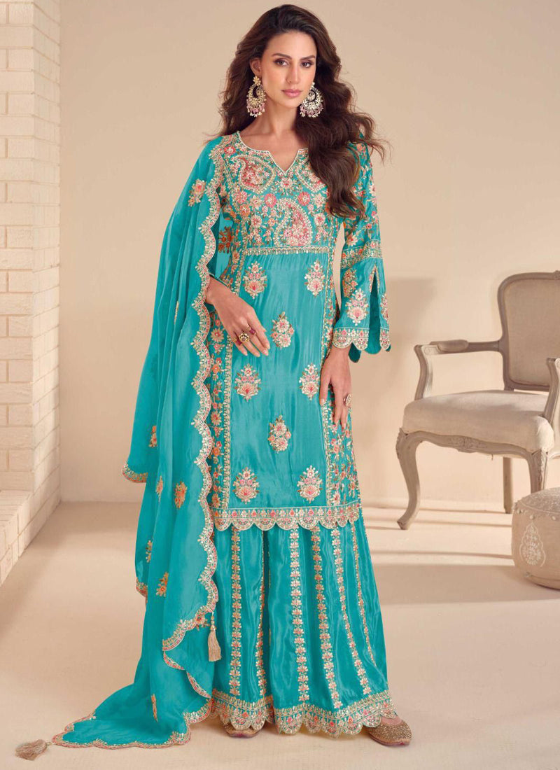 Vegaa Fashion Sky Blue Shimmer Silk Embroidered Designer Palazzo Suit - Distacart