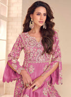 Vegaa Fashion Onion Pink Shimmer Silk Embroidered Designer Palazzo Suit - Distacart