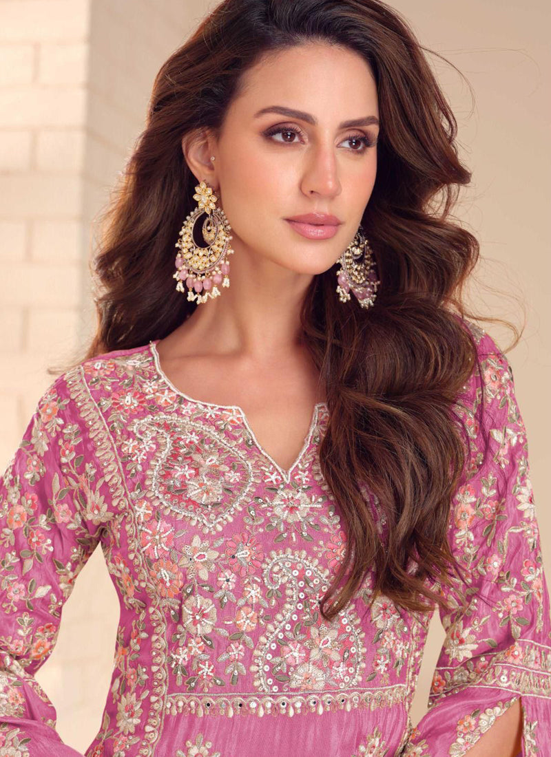 Vegaa Fashion Onion Pink Shimmer Silk Embroidered Designer Palazzo Suit - Distacart