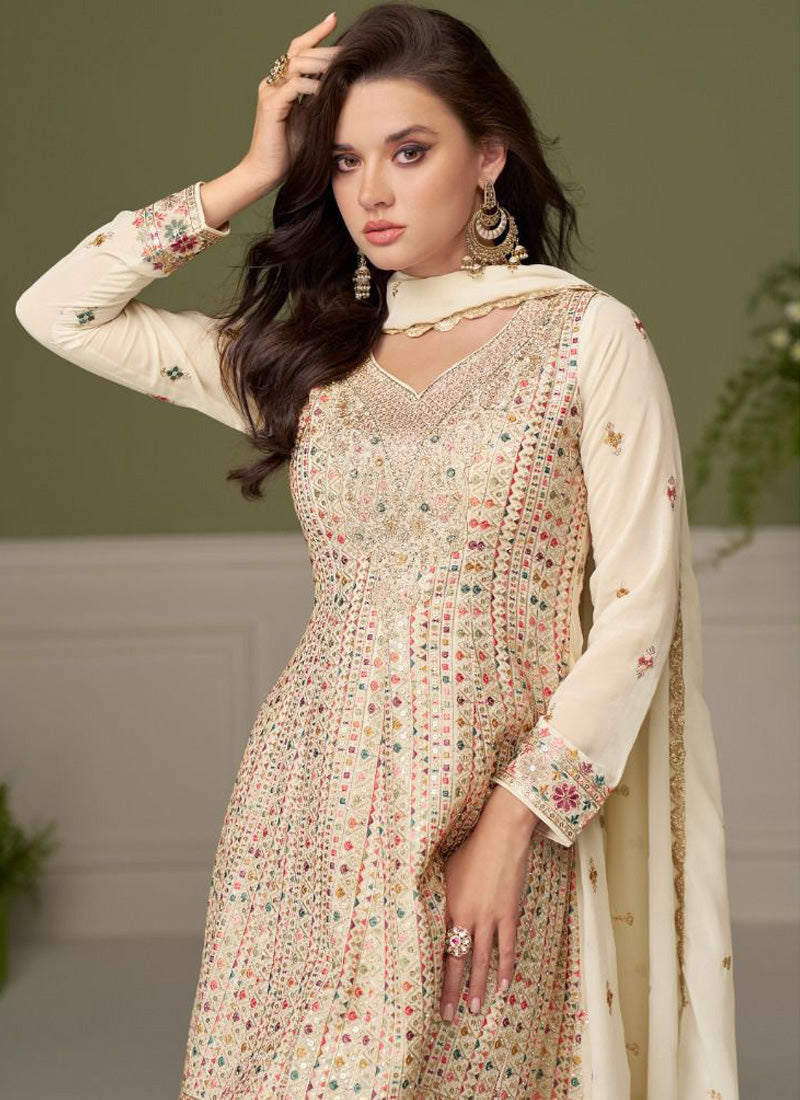 Vegaa Fashion cream embroidery Real Georgette Salwar Suit - Distacart