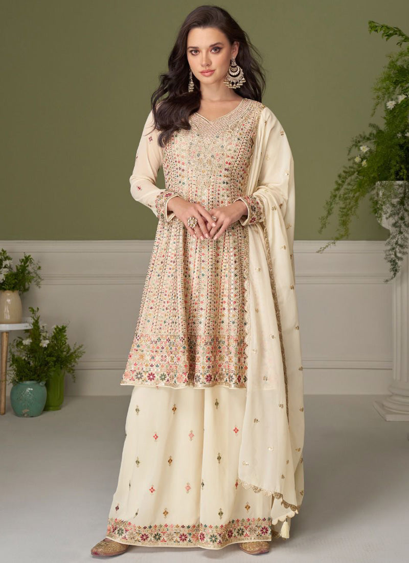 Vegaa Fashion cream embroidery Real Georgette Salwar Suit - Distacart
