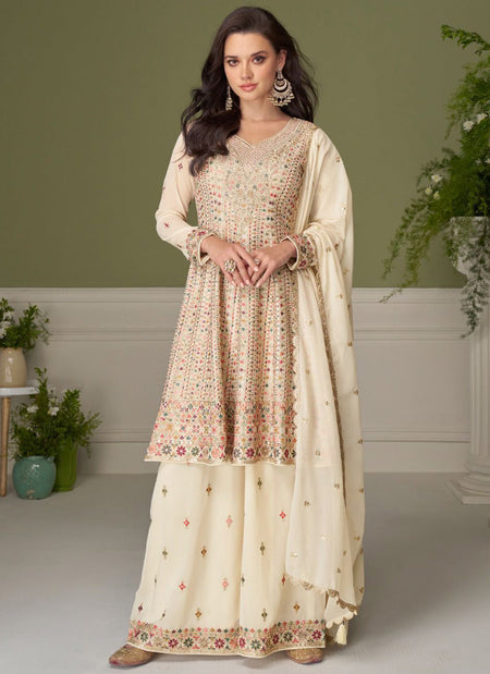 Vegaa Fashion cream embroidery Real Georgette Salwar Suit