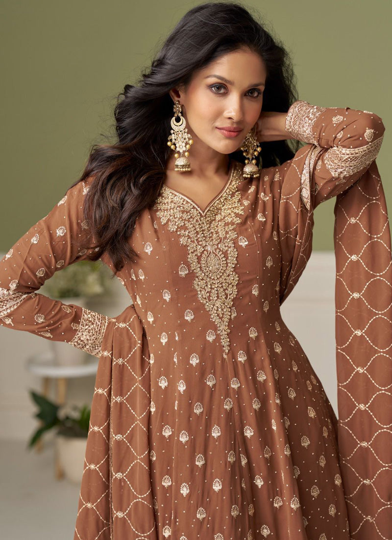 Vegaa Fashion Brown embroidery Real Georgette Salwar Suit - Distacart