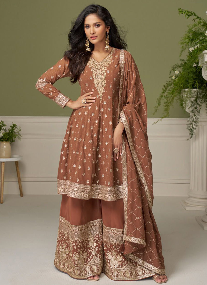 Vegaa Fashion Brown embroidery Real Georgette Salwar Suit - Distacart