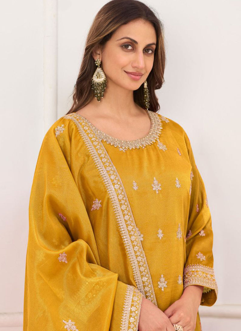 Vegaa Fashion Dark-Yellow Embroidery Real Simar Silk Salwar Suit - Distacart