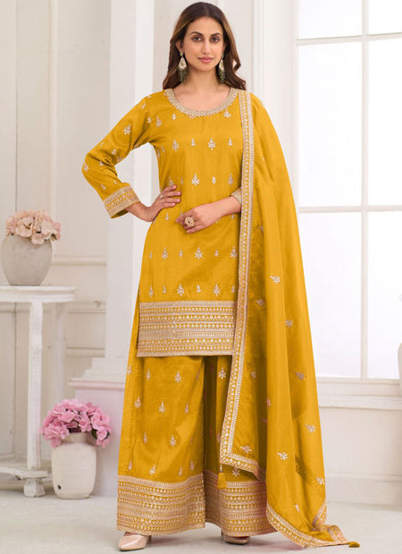 Vegaa Fashion Dark-Yellow Embroidery Real Simar Silk Salwar Suit