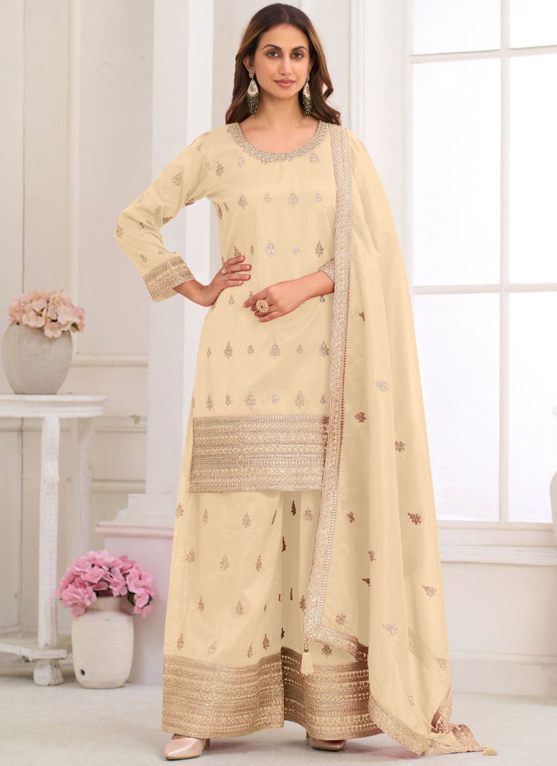 Vegaa Fashion Cream Embroidery Real Simar Silk Salwar Suit - Distacart