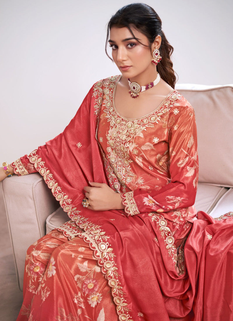 Vegaa Fashion Red Embroidery Chinon Silk Salwar suit - Distacart