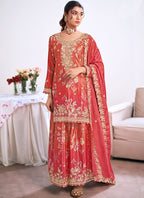 Vegaa Fashion Red Embroidery Chinon Silk Salwar suit - Distacart