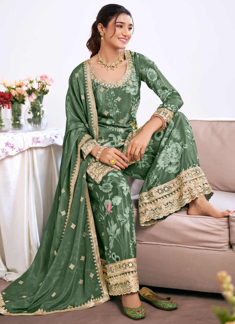 Vegaa Fashion Dark-green Embroidery Chinon Silk Salwar suit - Distacart