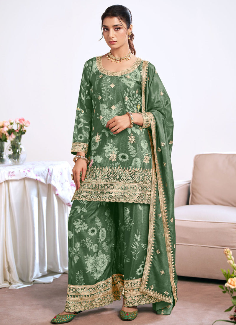 Vegaa Fashion Dark-green Embroidery Chinon Silk Salwar suit - Distacart