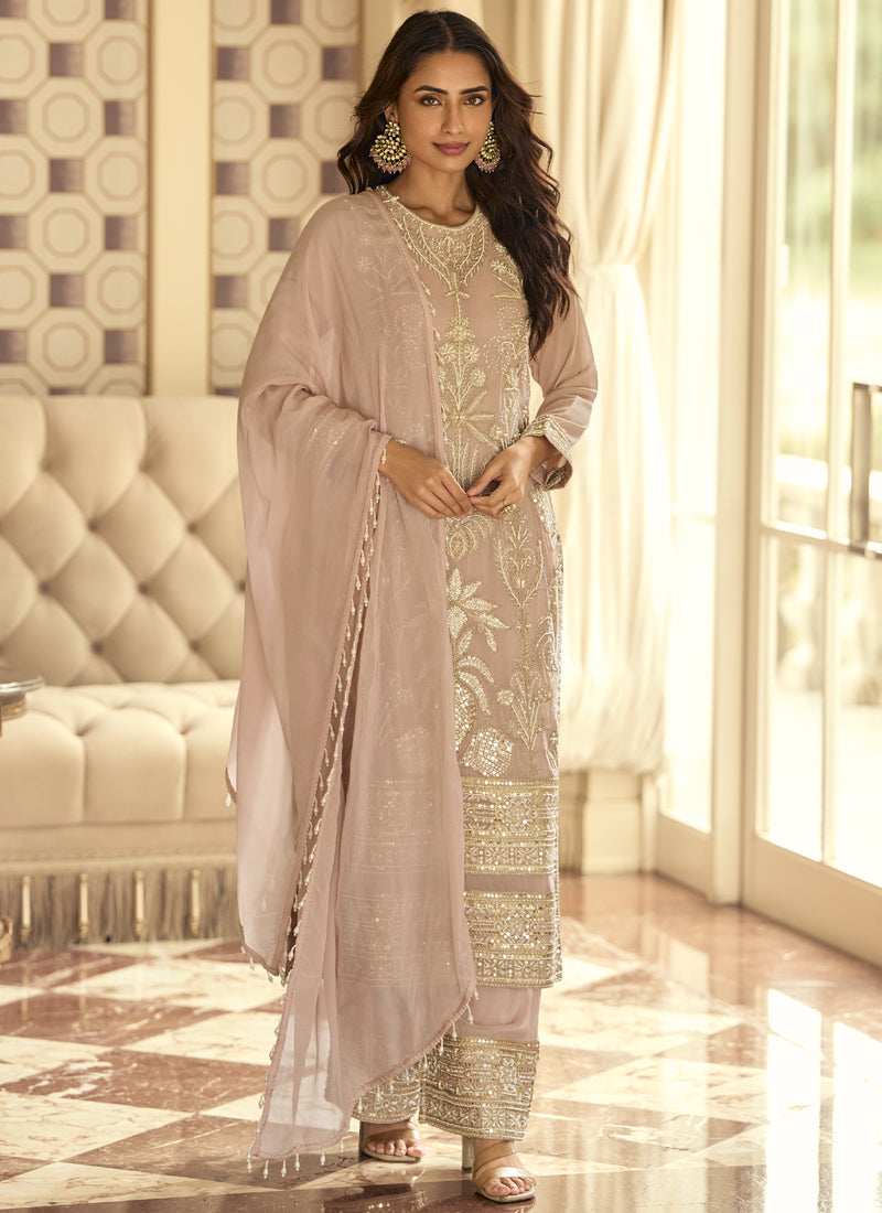 Vegaa Fashion Light Peach Georgette Embroidered Beads Work Palazzo Suit