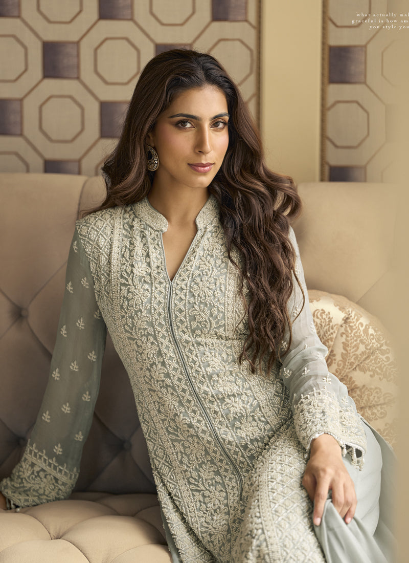 Vegaa Fashion Light Grey Georgette Embroidered Beads Work Palazzo Suit