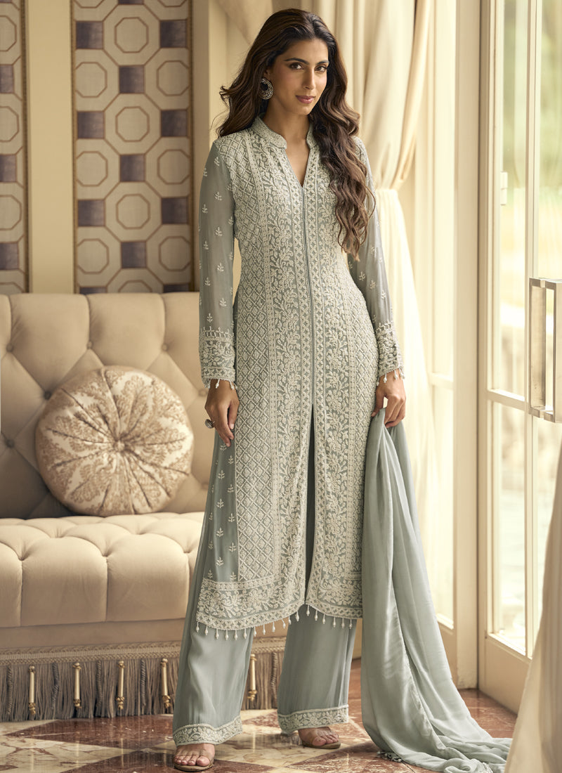 Vegaa Fashion Light Grey Georgette Embroidered Beads Work Palazzo Suit