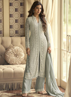 Vegaa Fashion Light Grey Georgette Embroidered Beads Work Palazzo Suit
