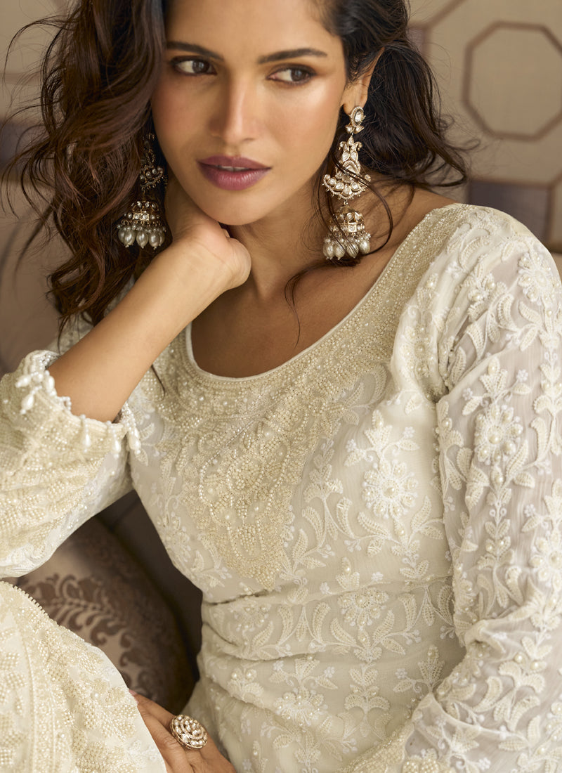 Vegaa Fashion Off White Georgette Embroidered Beads Work Palazzo Suit - Distacart