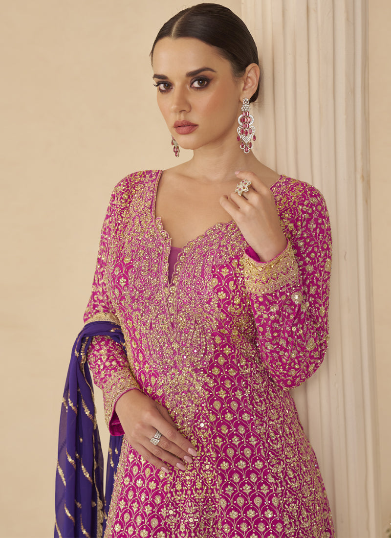 Vegaa Fashion Pink Georgette Embroidered Seroski Zarkan Work Palazzo Suit - Distacart