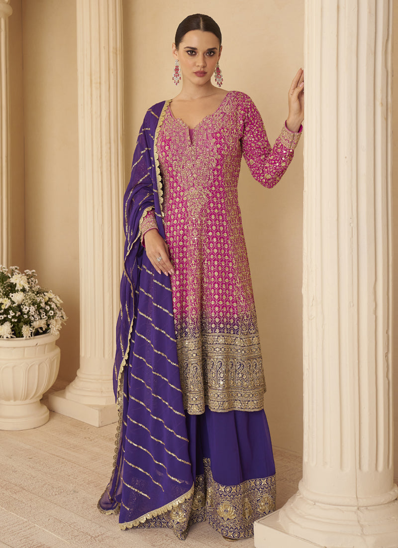 Vegaa Fashion Pink Georgette Embroidered Seroski Zarkan Work Palazzo Suit - Distacart