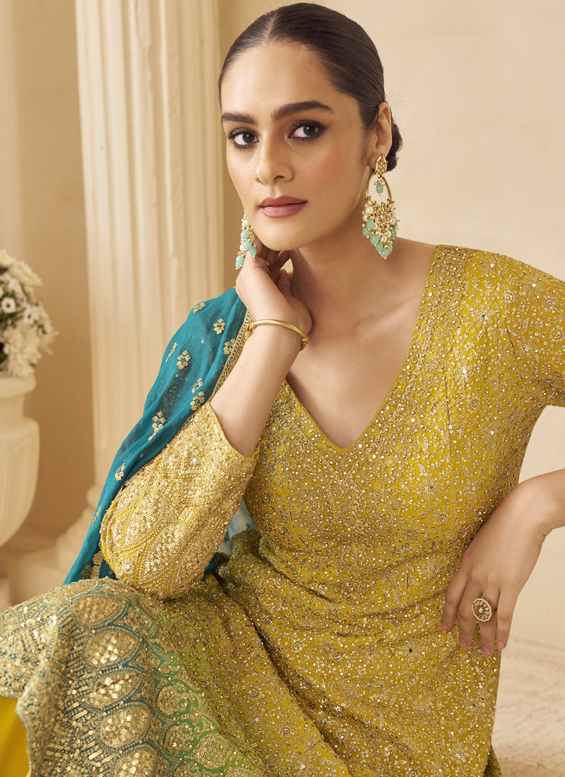 Vegaa Fashion Yellow Georgette Embroidered Seroski Zarkan Work Palazzo Suit - Distacart