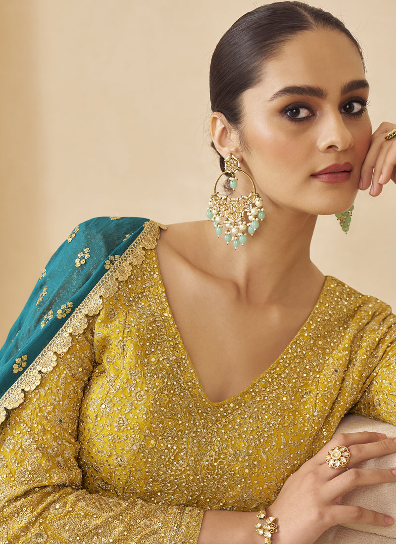 Vegaa Fashion Yellow Georgette Embroidered Seroski Zarkan Work Palazzo Suit - Distacart