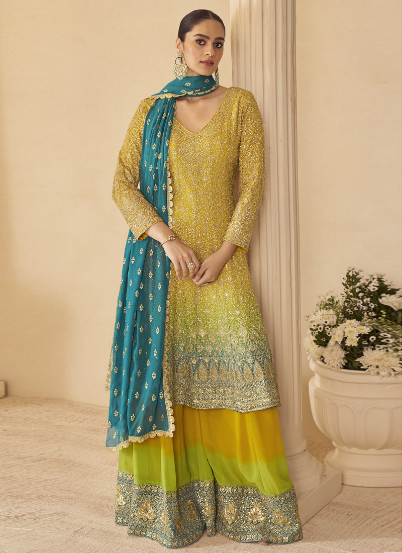 Vegaa Fashion Yellow Georgette Embroidered Seroski Zarkan Work Palazzo Suit - Distacart