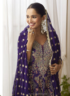 Vegaa Fashion Violet Georgette Embroidered Seroski Zarkan Work Palazzo Suit - Distacart